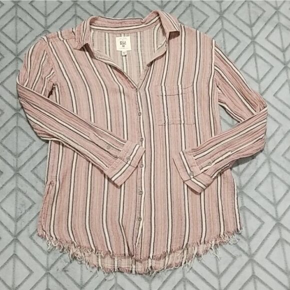 Billabong 100% Cotton Striped Distressed Frayed Loose Fit Classic Button Shirt - Picture 7 of 10